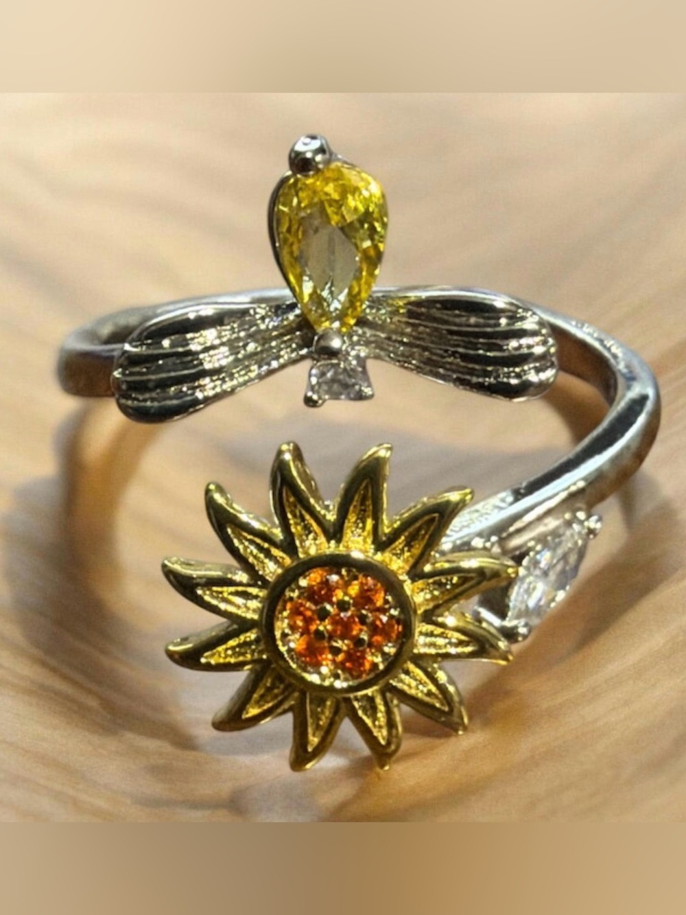 Sunflower Bee Spinner Ring Adjustable Fidget Band CZ NEW